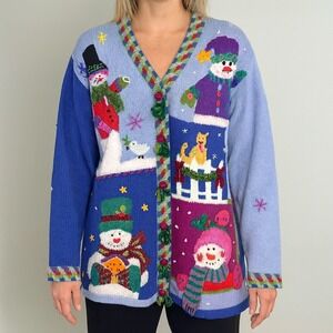 Vintage Storybook Knits Snowman Cat Sweater Medium Grandma Cottage Winter Holida